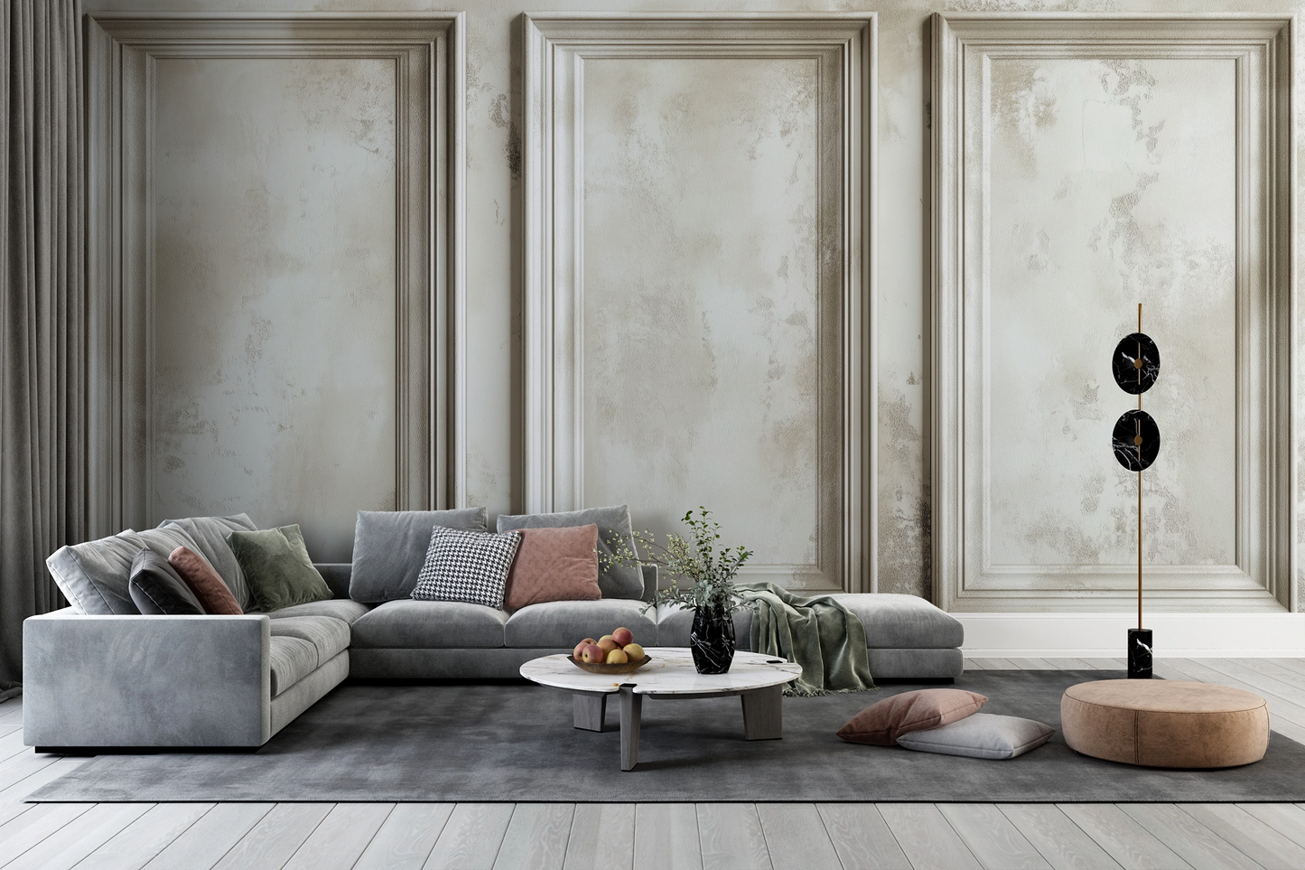 Pannelli Chiari: selbstklebende Tapete mit Stuck- & Paneel-Effekt in Elfenbein, Kalk & Sand. Edle 3D-Optik für Wohnzimmer, Hotels, Ateliers & Showrooms.