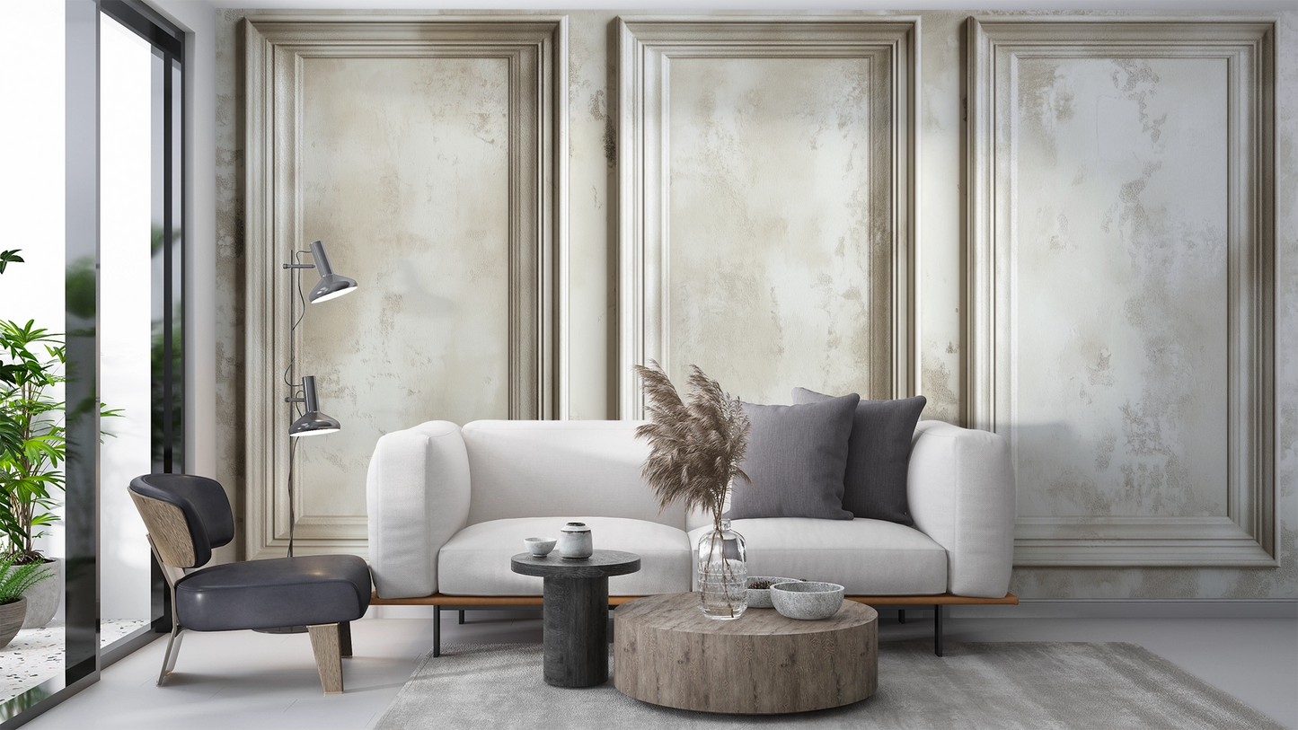 Pannelli Chiari: selbstklebende Tapete mit Stuck- & Paneel-Effekt in Elfenbein, Kalk & Sand. Edle 3D-Optik für Wohnzimmer, Hotels, Ateliers & Showrooms.