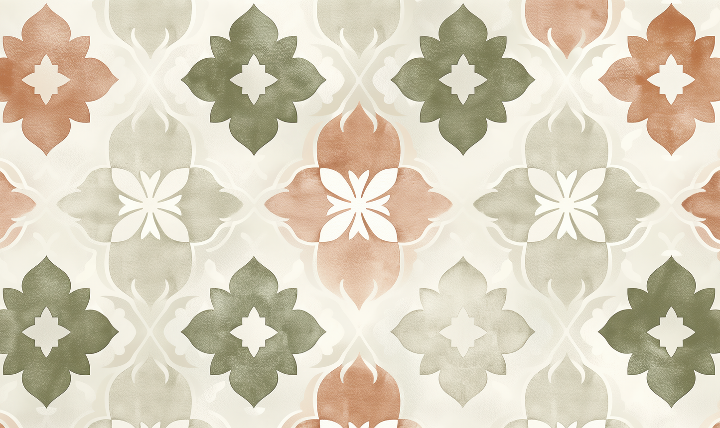 Terra Flora ist eine selbstklebende Tapete mit floralem Ornament in Terrakotta, Salbei & Sand – mediterran, modern & perfekt für stilvolle Räume mit Struktur.