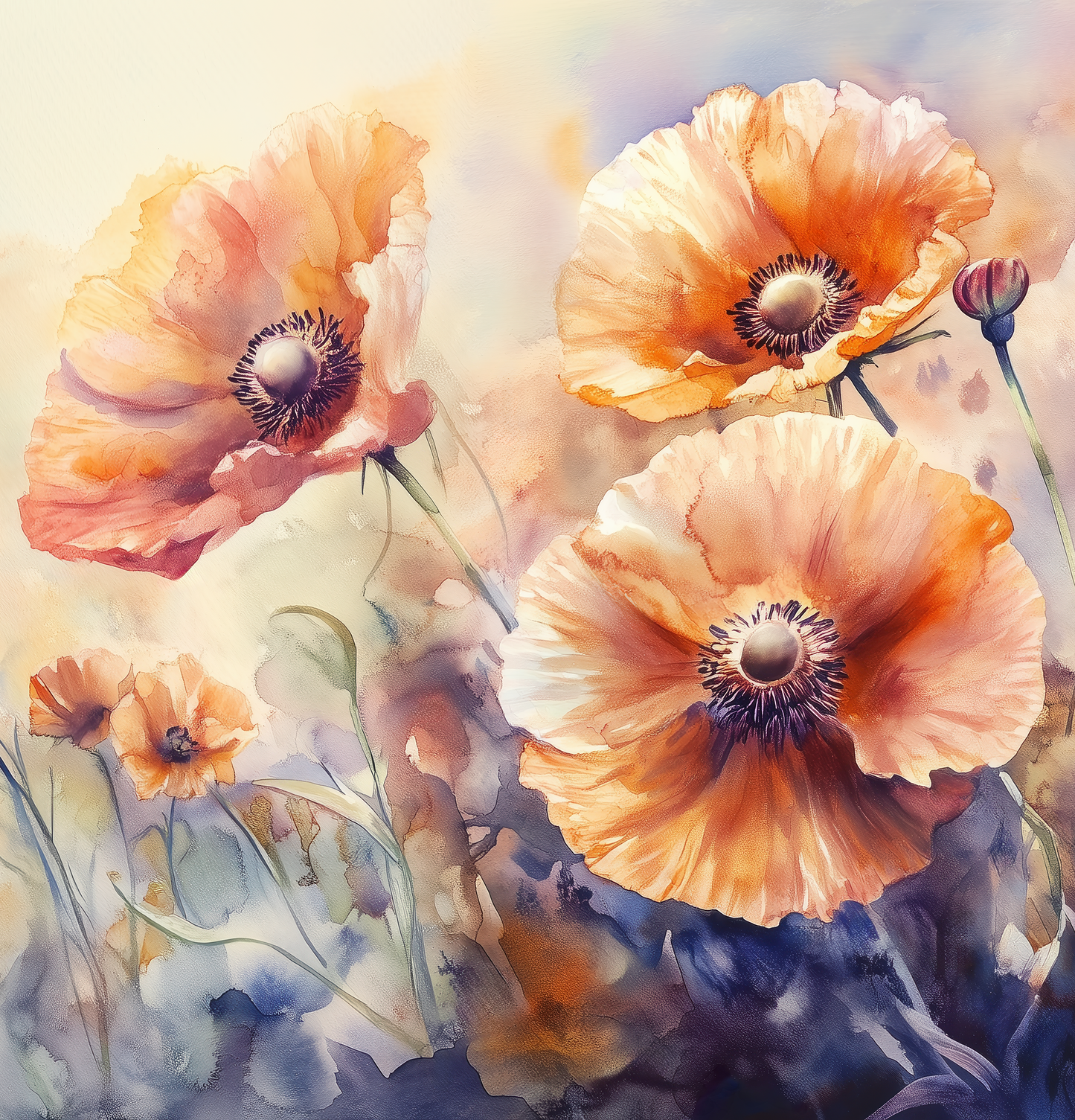 Sommerliche Blumentapete Midsommerflor – Aquarell-Mohnblumen in Rosé und Lavendel – selbstklebende Wandgestaltung
