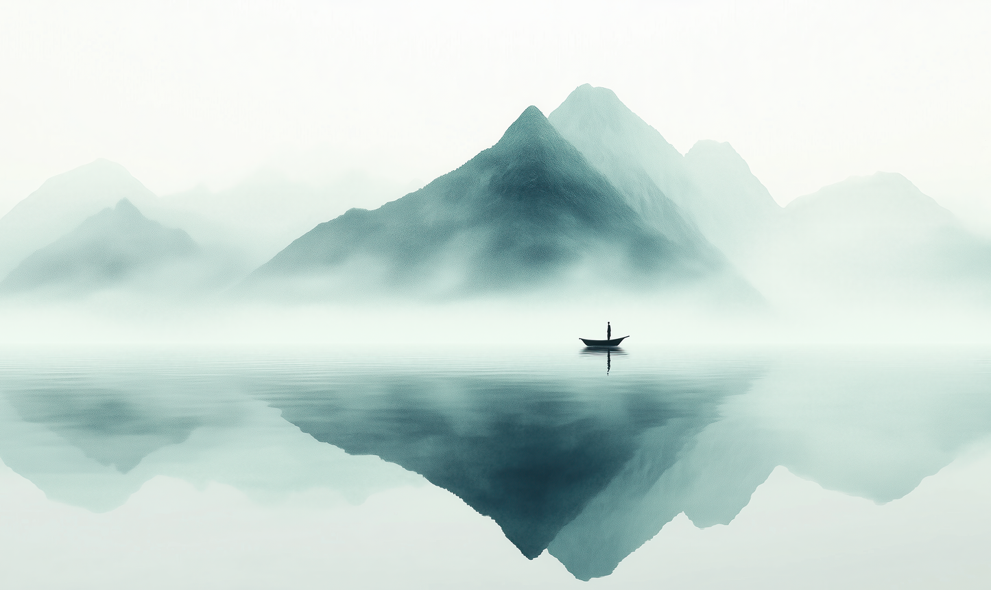 Lautlose Weite“ im Japandi-Stil mit Boot in nebeliger Landschaft – ruhige Wandgestaltung mit Naturmotiv und weichen Farbtönen.