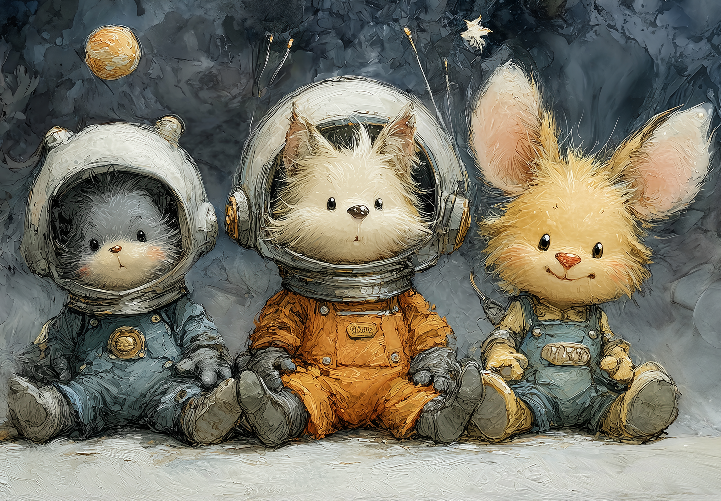 Illustration einer Kindertapete mit Hund, Kätzchen und Hase in Raumanzügen vor einem Sternenhimmel