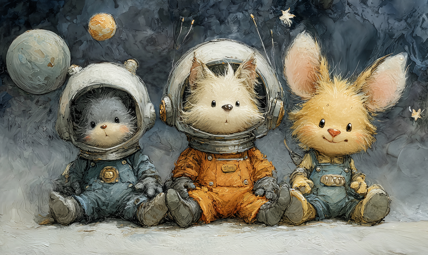 Illustration einer Kindertapete mit Hund, Kätzchen und Hase in Raumanzügen vor einem Sternenhimmel