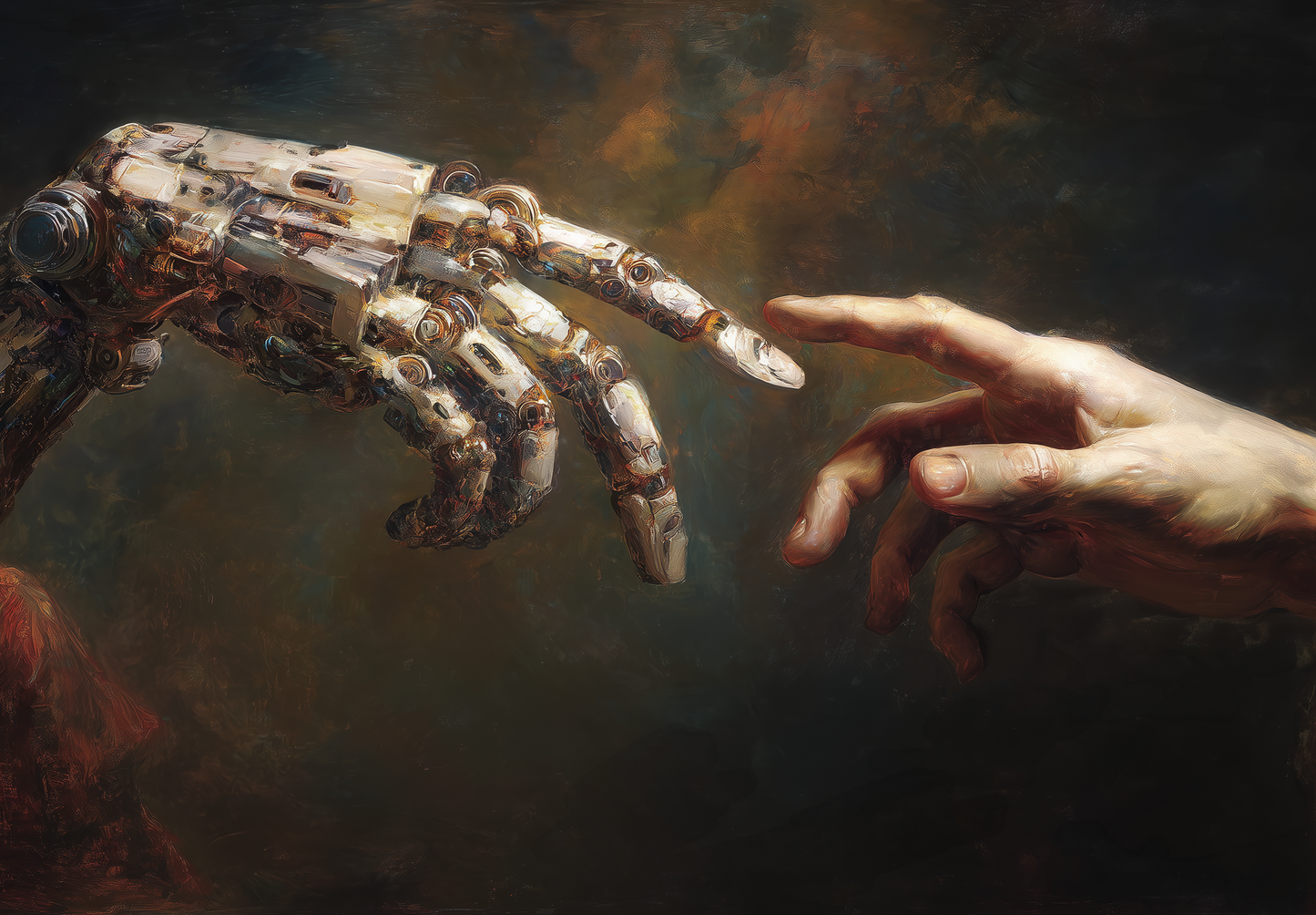 Künstlerische Digitaltapete zeigt menschliche Hand und Roboterhand in ikonischer Berührung – Symbol für Technik und Menschlichkeit.
