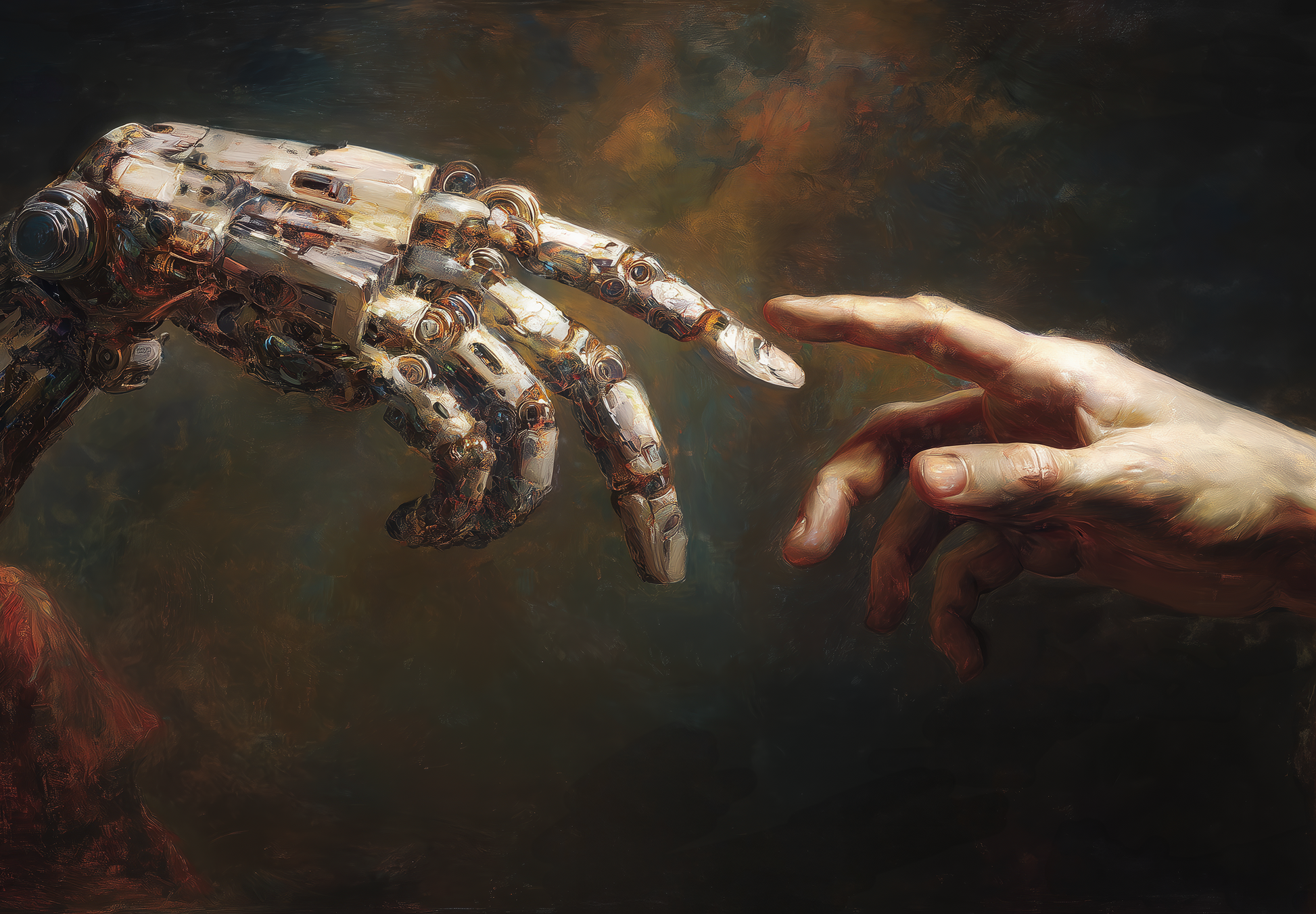Künstlerische Digitaltapete zeigt menschliche Hand und Roboterhand in ikonischer Berührung – Symbol für Technik und Menschlichkeit.