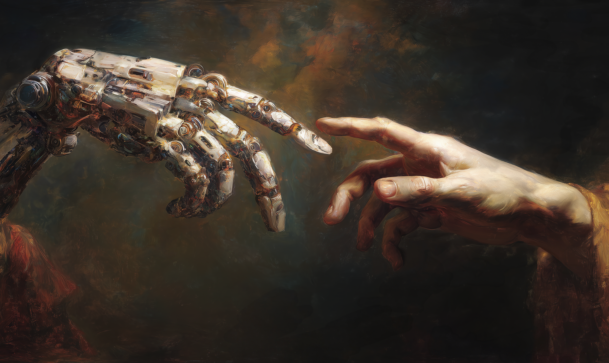 Künstlerische Digitaltapete zeigt menschliche Hand und Roboterhand in ikonischer Berührung – Symbol für Technik und Menschlichkeit.