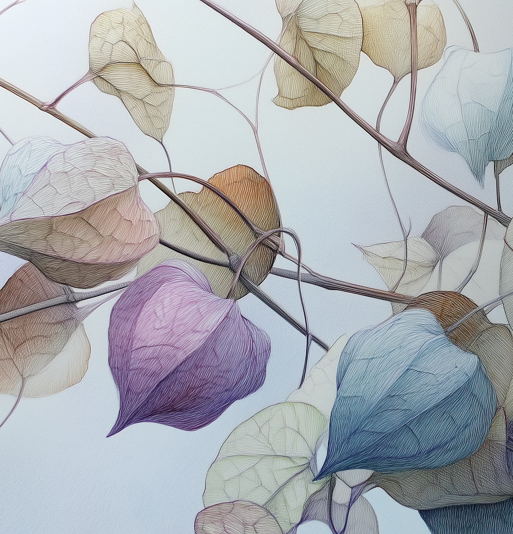 Filigrane Blätter in Pastelltönen auf hellblauem Hintergrund – botanische Illustration als Wandtapete