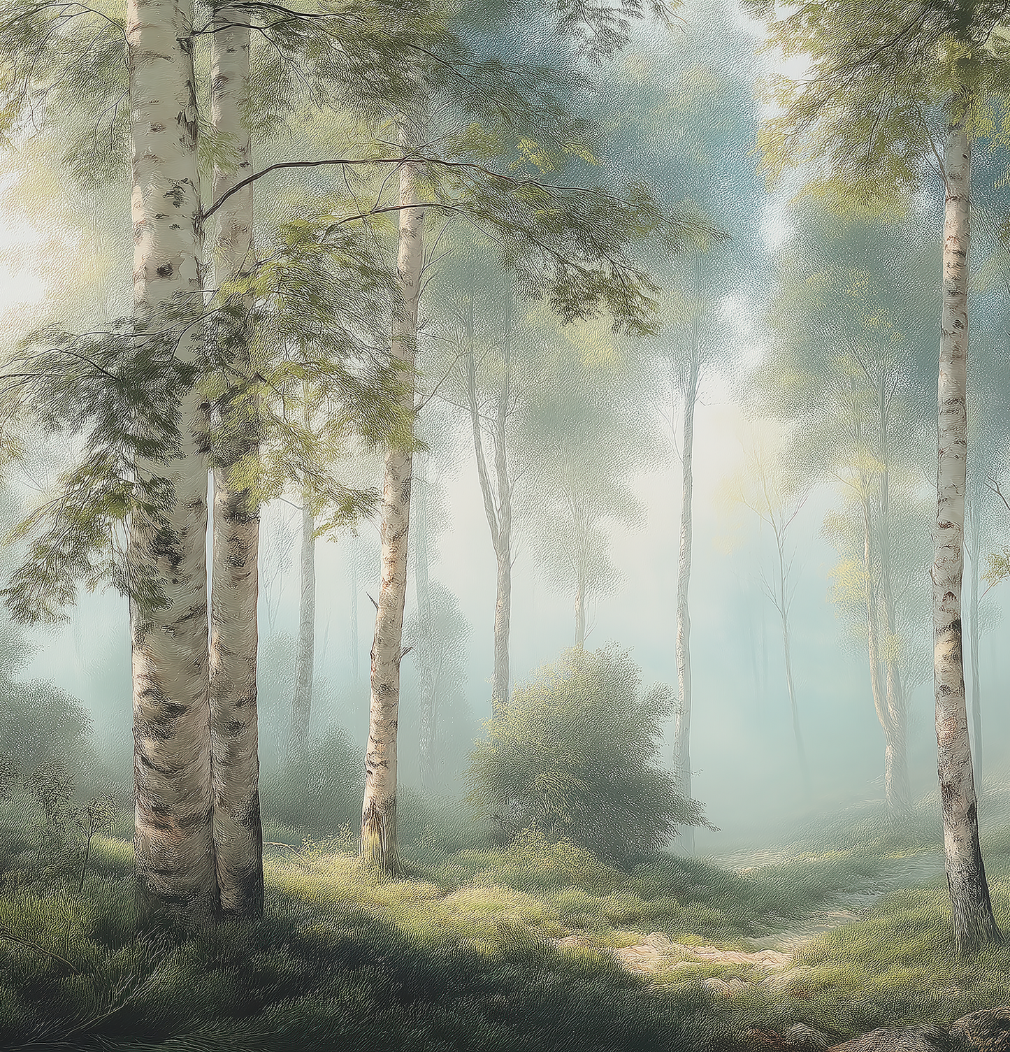 Digitaltapete mit Birkenwald im Morgendunst – neblige Waldszene mit Licht und Tiefe