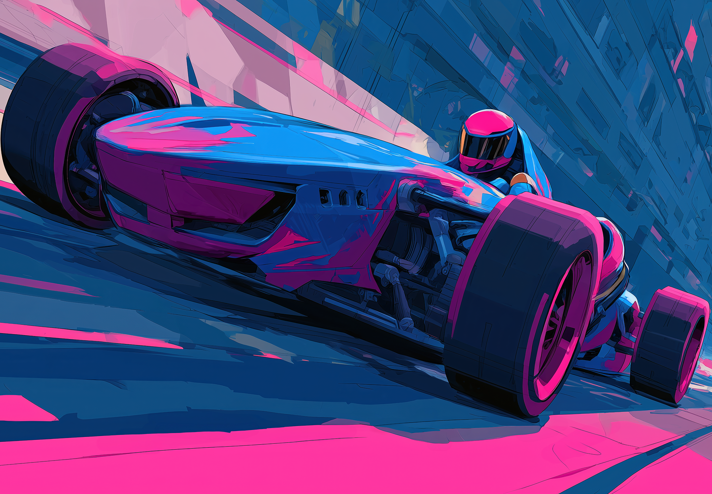 Futuristischer Rennwagen im Neonstil – digital illustrierte Wandtapete mit pink-blauen Farbakzenten, dynamischer Perspektive und urbanem Gaming-Look