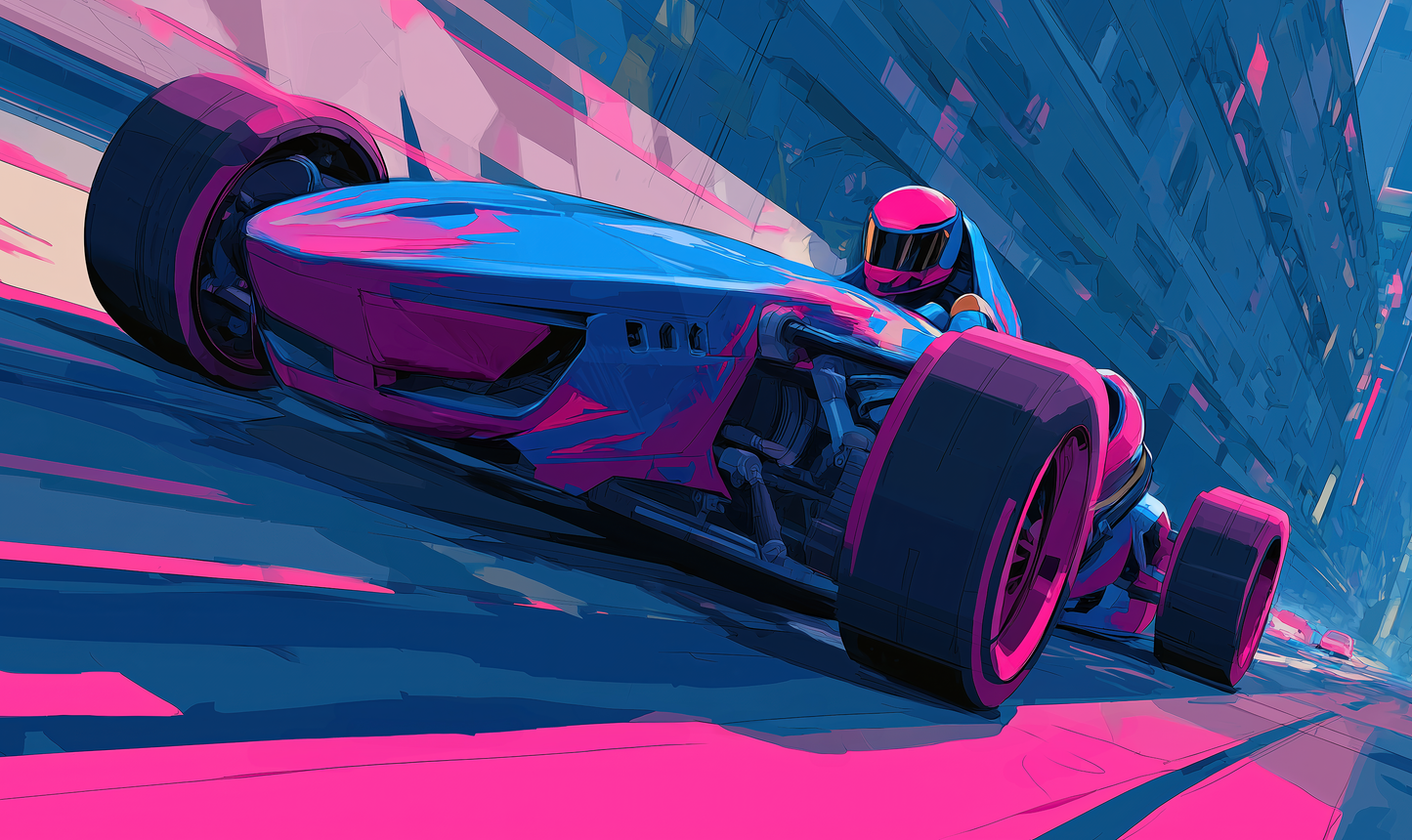 Futuristischer Rennwagen im Neonstil – digital illustrierte Wandtapete mit pink-blauen Farbakzenten, dynamischer Perspektive und urbanem Gaming-Look
