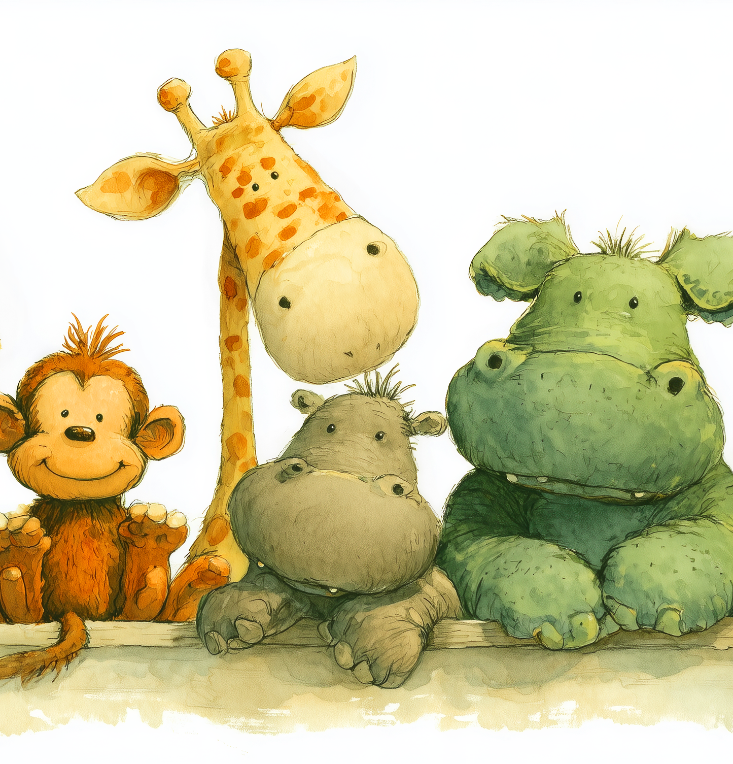 Tierbande aus Löwe, Affe, Giraffe, Nilpferd und Flusspferd in Aquarell-Stil – Kinderzimmerfreundlich und bunt illustriert