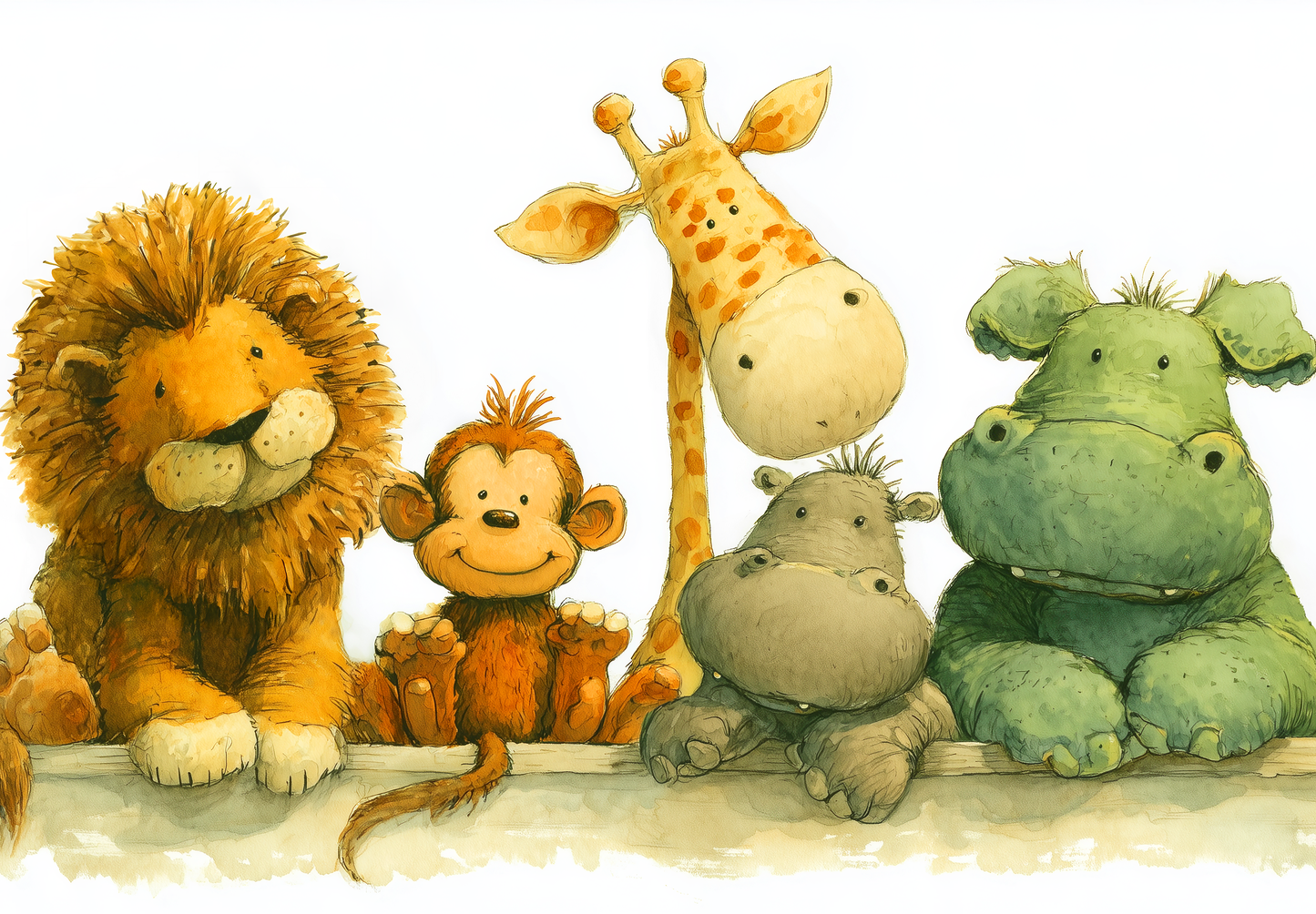 Tierbande aus Löwe, Affe, Giraffe, Nilpferd und Flusspferd in Aquarell-Stil – Kinderzimmerfreundlich und bunt illustriert