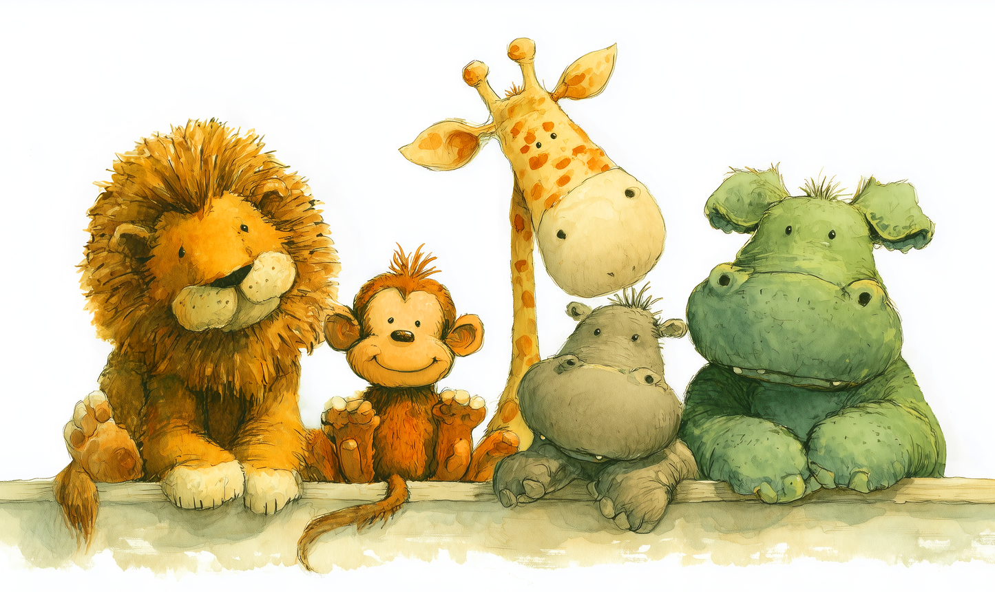Tierbande aus Löwe, Affe, Giraffe, Nilpferd und Flusspferd in Aquarell-Stil – Kinderzimmerfreundlich und bunt illustriert
