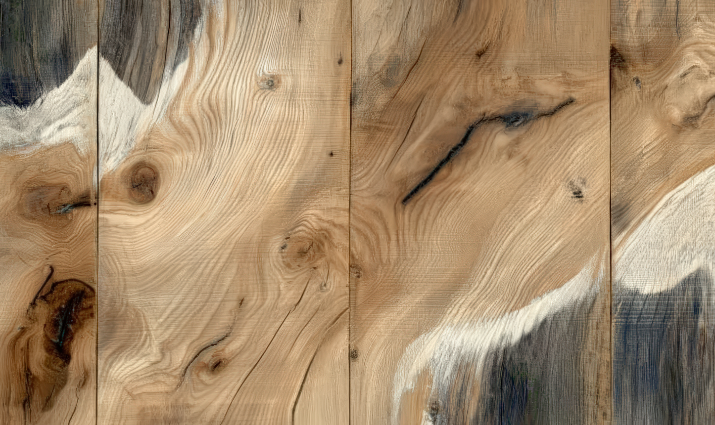Detailansicht der Tapete „Scandi Wood“ mit realistischer Holzmaserung in natürlichen Beige- und Grautönen – skandinavischer Wohnstil