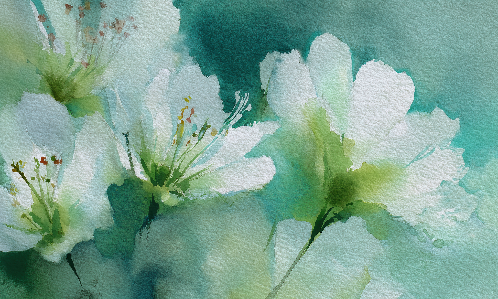 Aquarell-Blumentapete in Weiß und Grüntönen – selbstklebende Vliestapete, florales Wanddesign von Wall of Nova