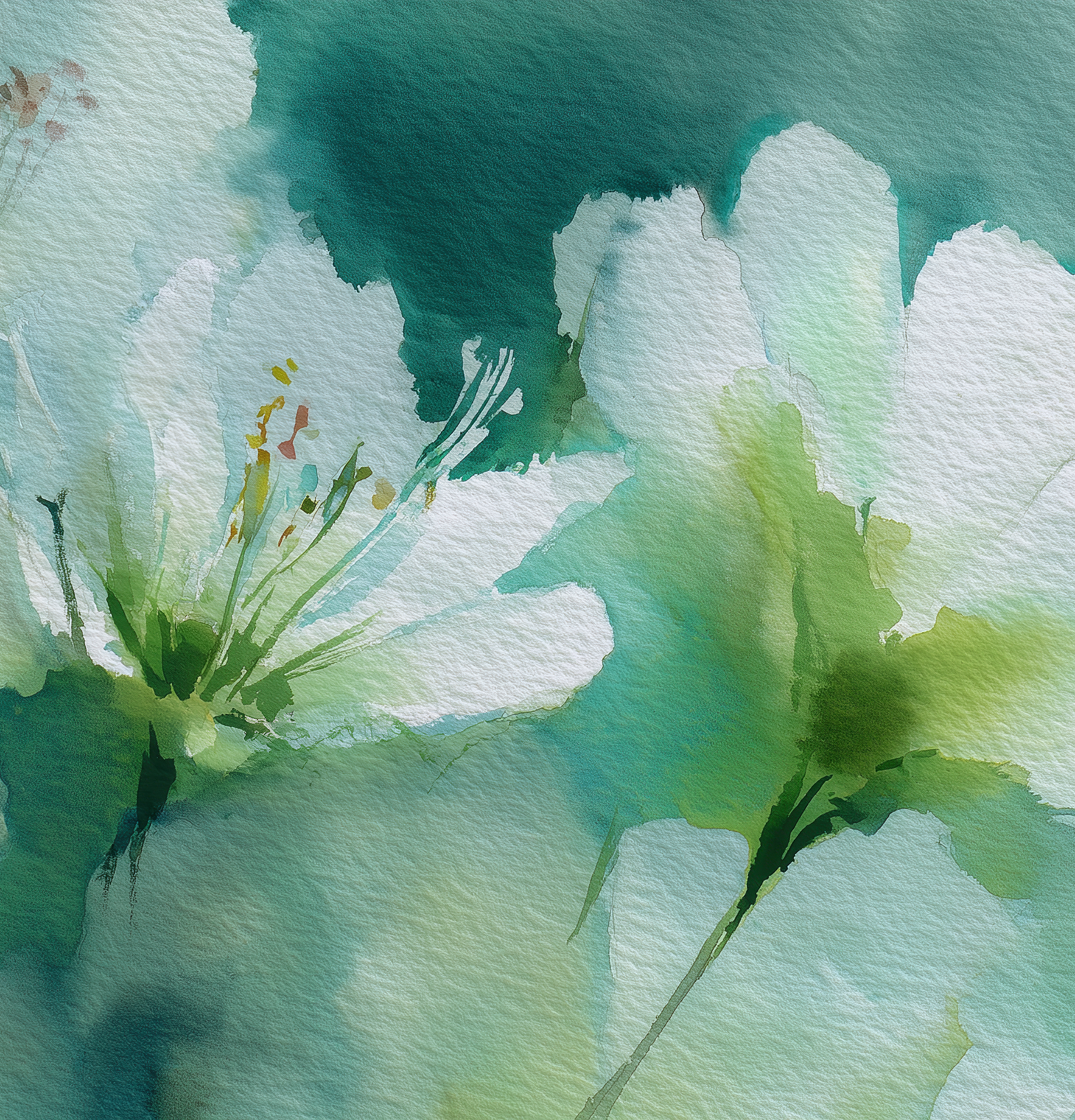Aquarell-Blumentapete in Weiß und Grüntönen – selbstklebende Vliestapete, florales Wanddesign von Wall of Nova