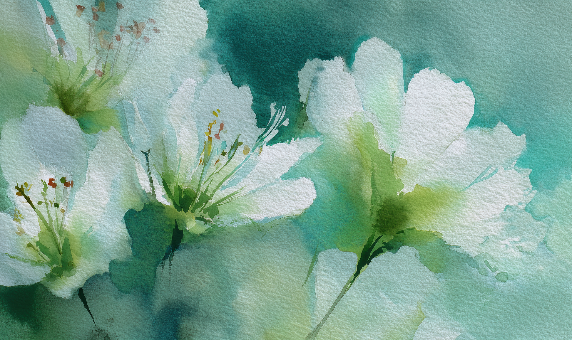 Aquarell-Blumentapete in Weiß und Grüntönen – selbstklebende Vliestapete, florales Wanddesign von Wall of Nova