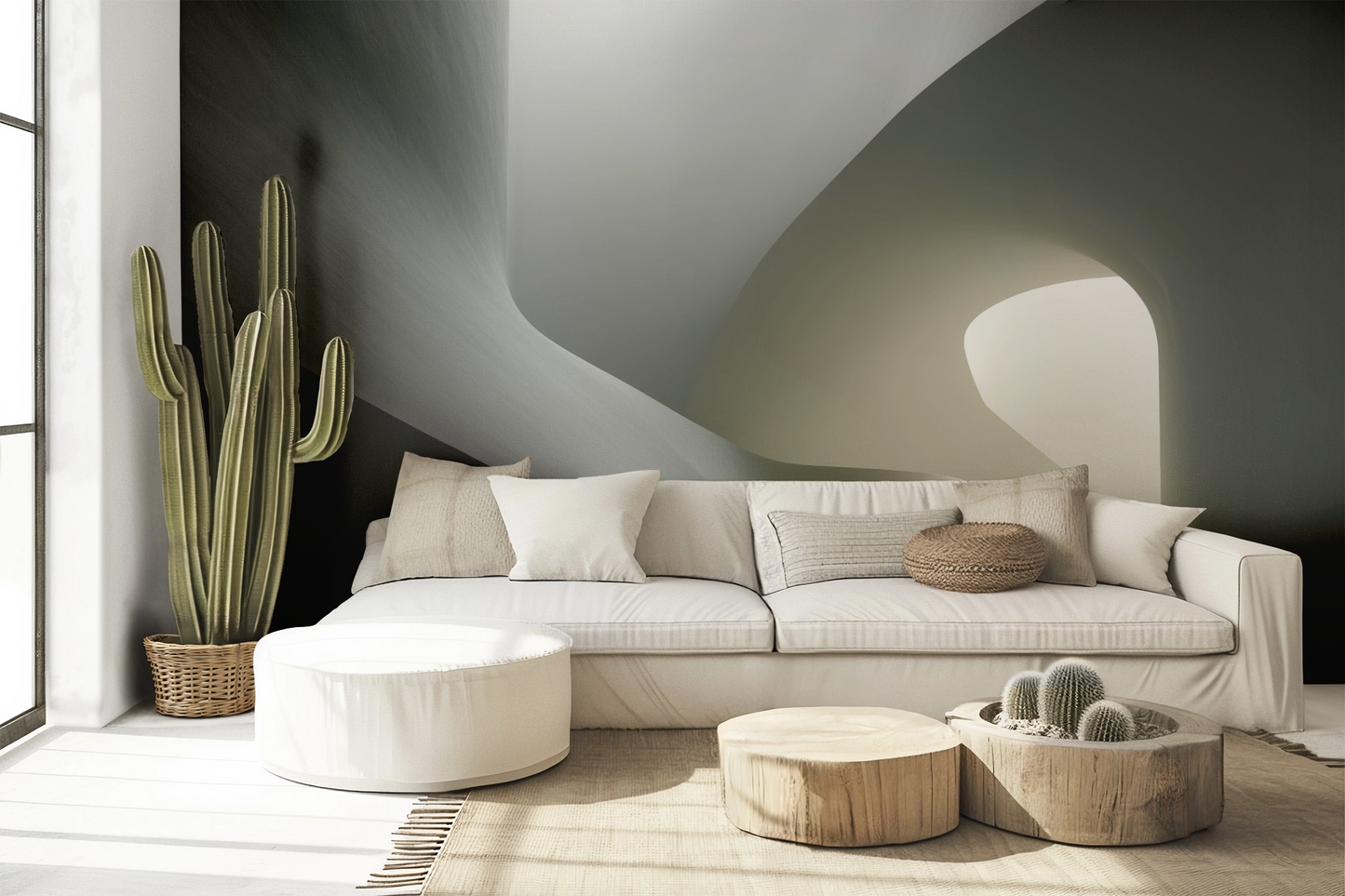 Moderne Design-Tapete Raum aus Licht – minimalistisch, abstrakt, in Grautönen – selbstklebende Digitaltapete