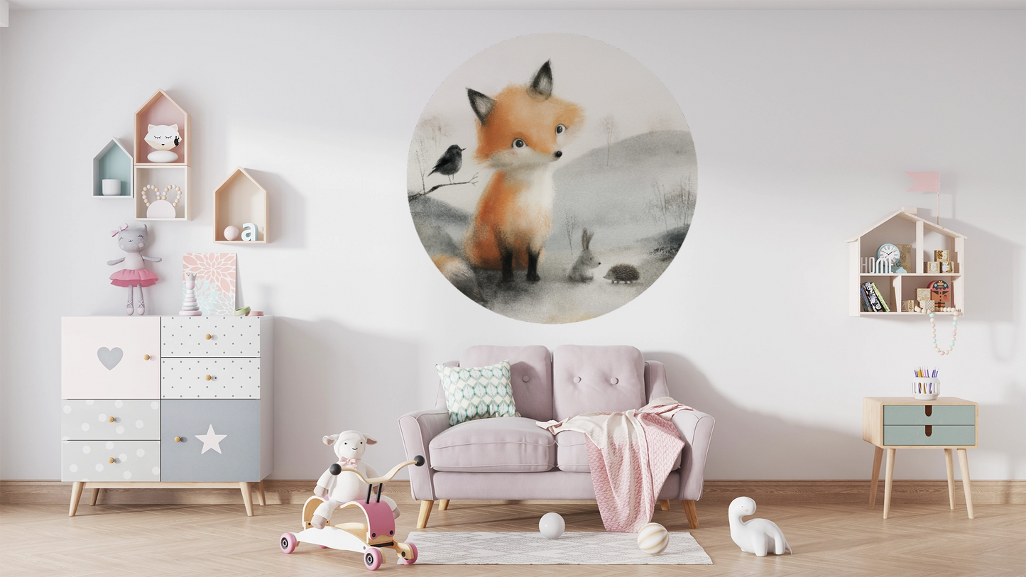 runder wandsticker fuchs im aquarellstil mit hase und vogel im kinderzimmer