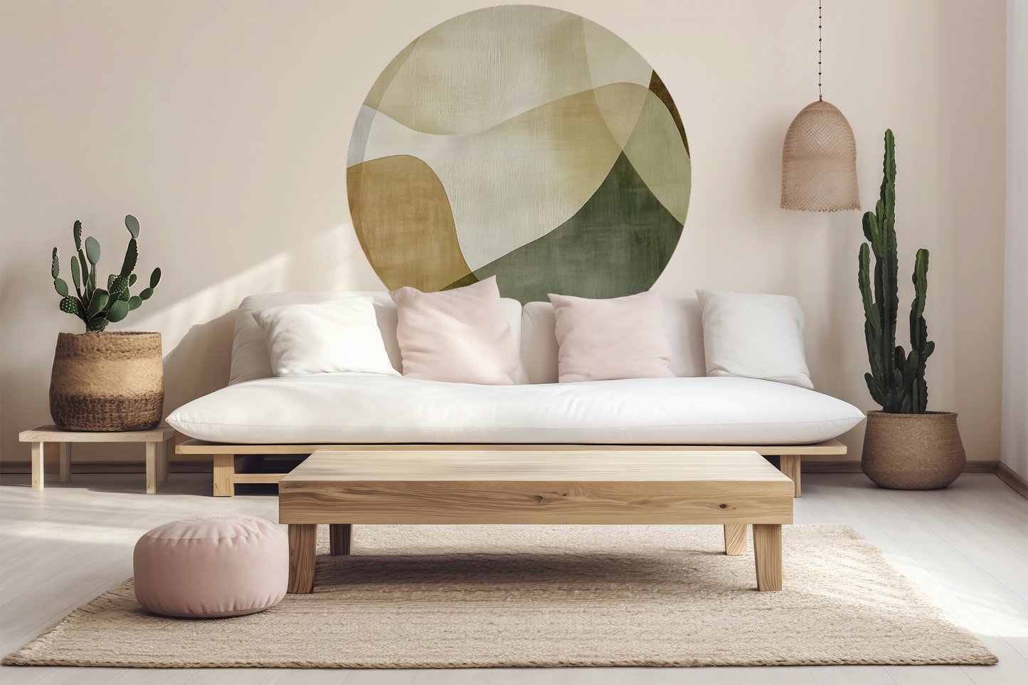 Desert Flow – Runder Dot mit abstrakter Naturlandschaft in Beige und Ocker