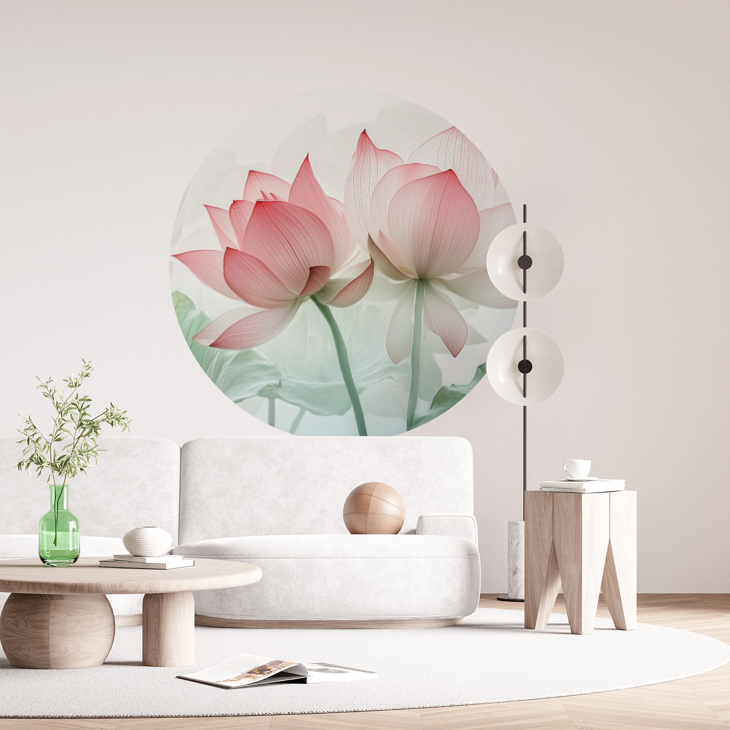 Lotus Harmonie – Runder Wandsticker mit zarten Lotusblüten im Aquarellstil