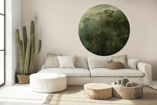 Morning dew in the jungle – Round wall sticker with misty jungle scene
