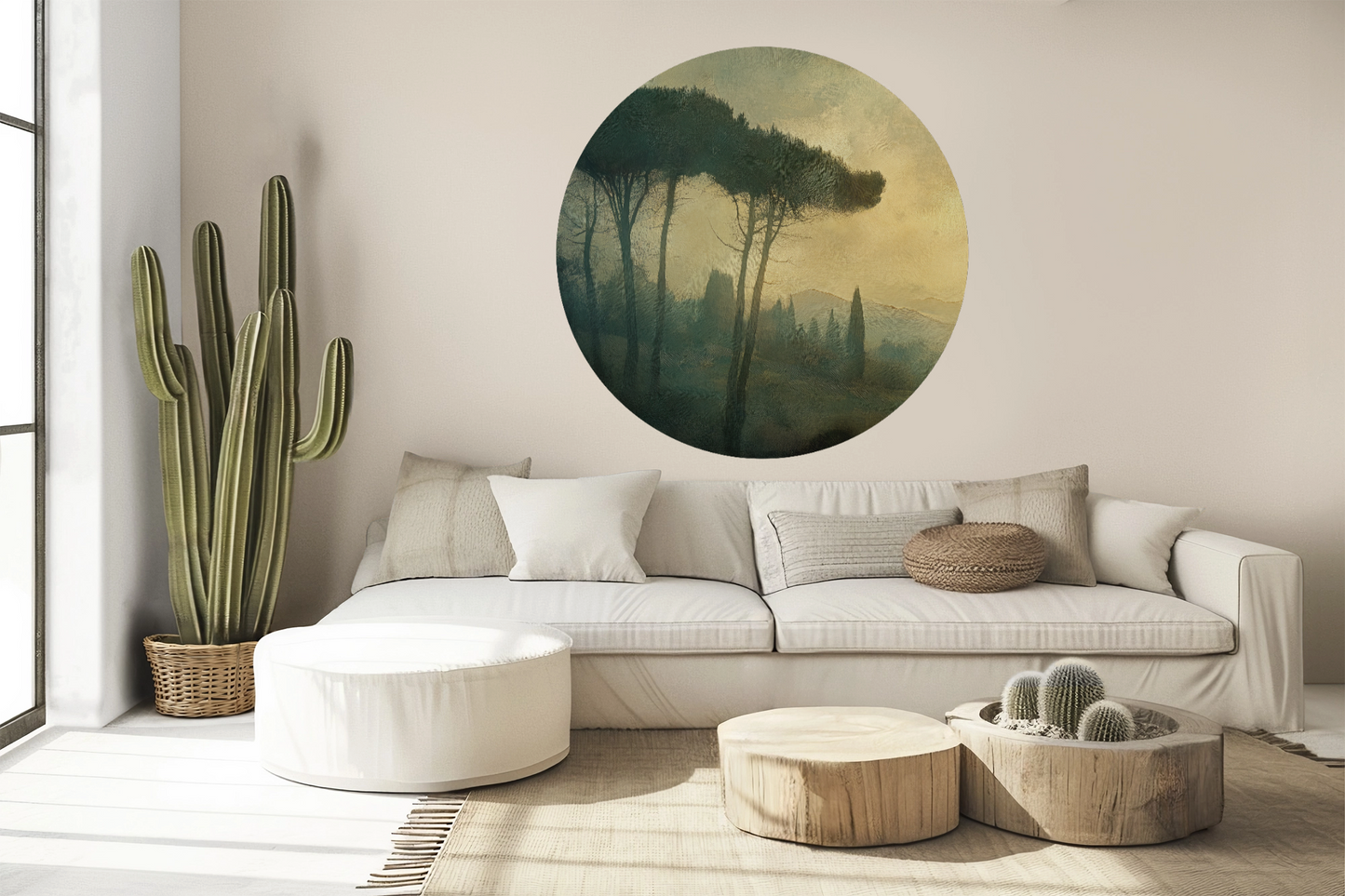 Toscana Nebeltraum – Runder Wandsticker mit nebelverhangener Landschaft