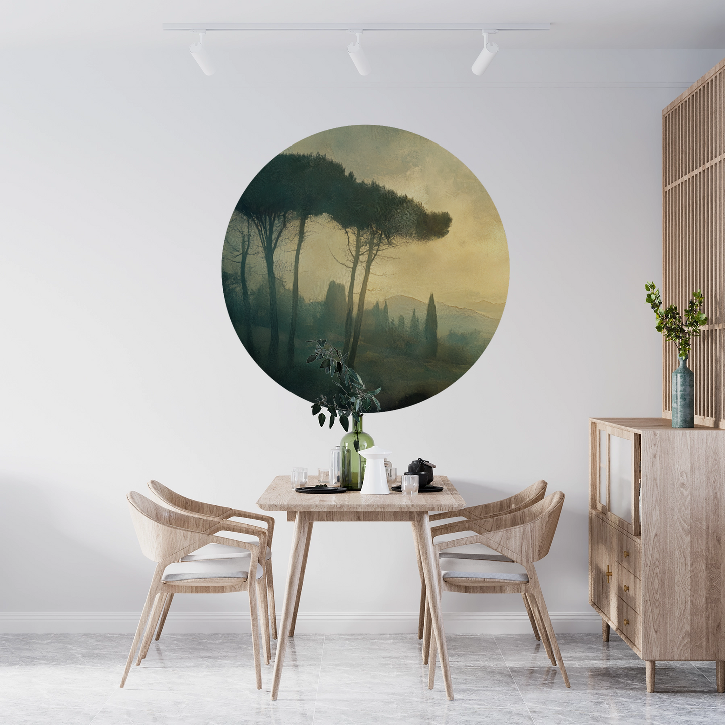 Toscana Nebeltraum – Runder Wandsticker mit nebelverhangener Landschaft