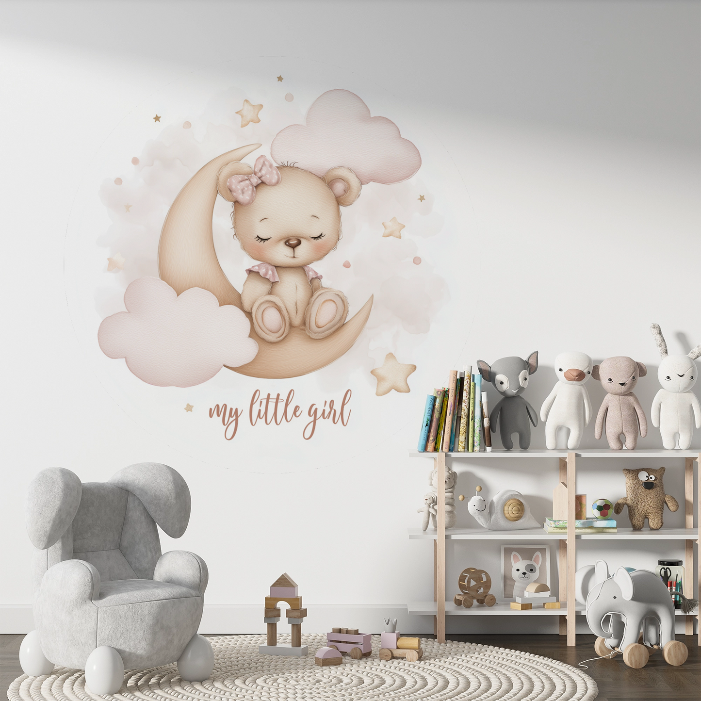 Runder Wandsticker „My Little Girl“ mit schlafendem Bär auf Mond, rosa Wolken und Sternen