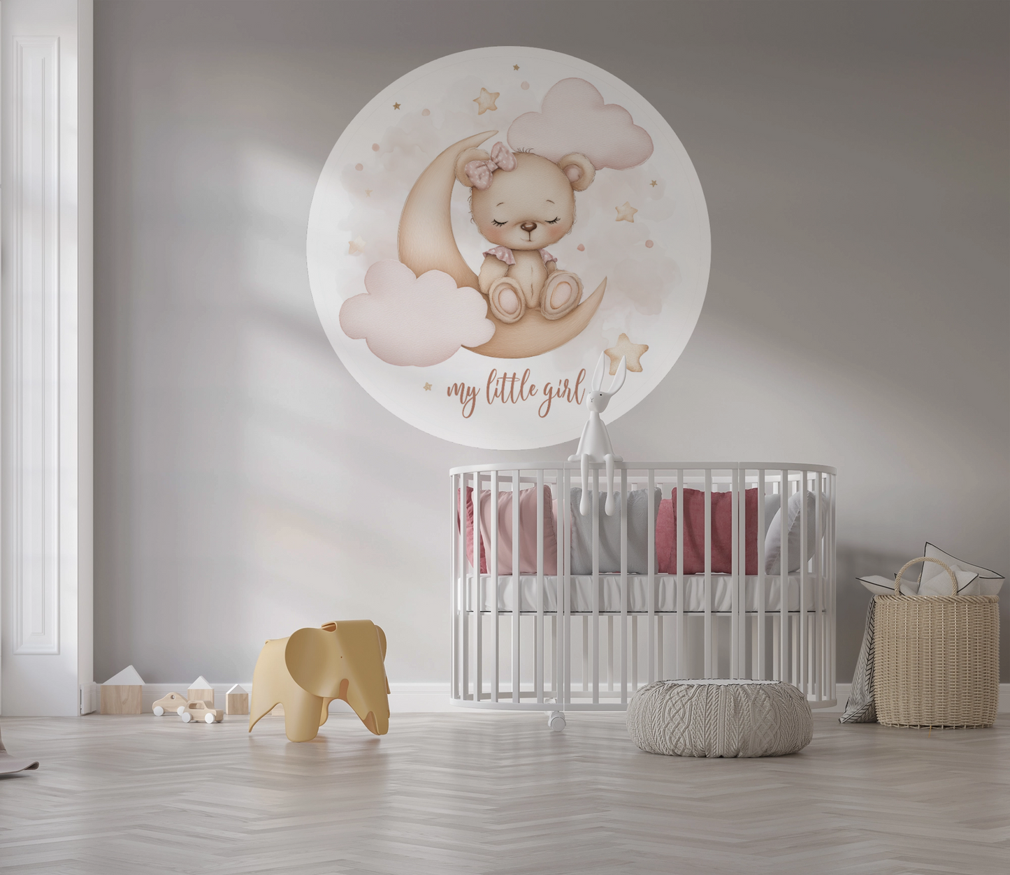 Runder Wandsticker „My Little Girl“ mit schlafendem Bär auf Mond, rosa Wolken und Sternen