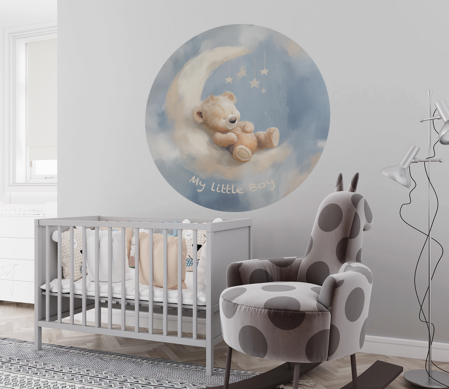 Runder Wandsticker „My Little Boy“ mit schlafendem Teddybär auf einer Mondsichel in Blau für Babyzimmer