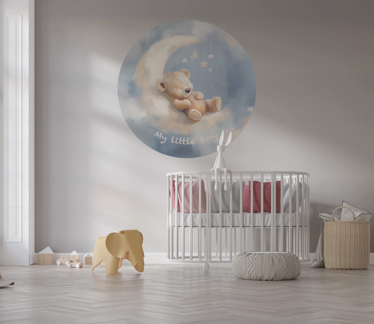 Runder Wandsticker „My Little Boy“ mit schlafendem Teddybär auf einer Mondsichel in Blau für Babyzimmer