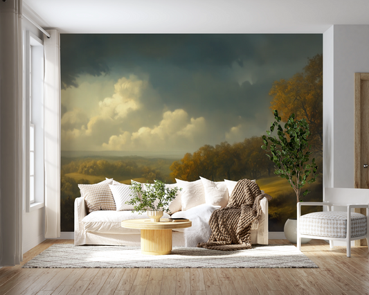 Wandbild „Goldene Weite“ als selbstklebende Tapete mit herbstlicher Landschaft und goldener Hügelszenerie – ideal für stilvolle Wohnräume