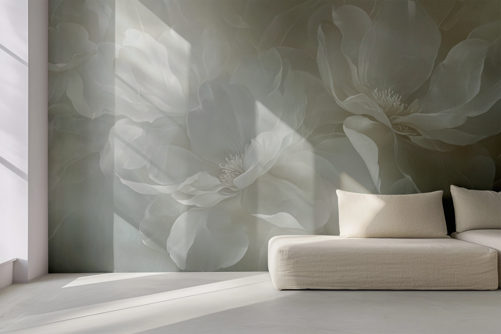 Weiße florale Tapete im Schlafzimmer – große Blüten auf Leinenstruktur