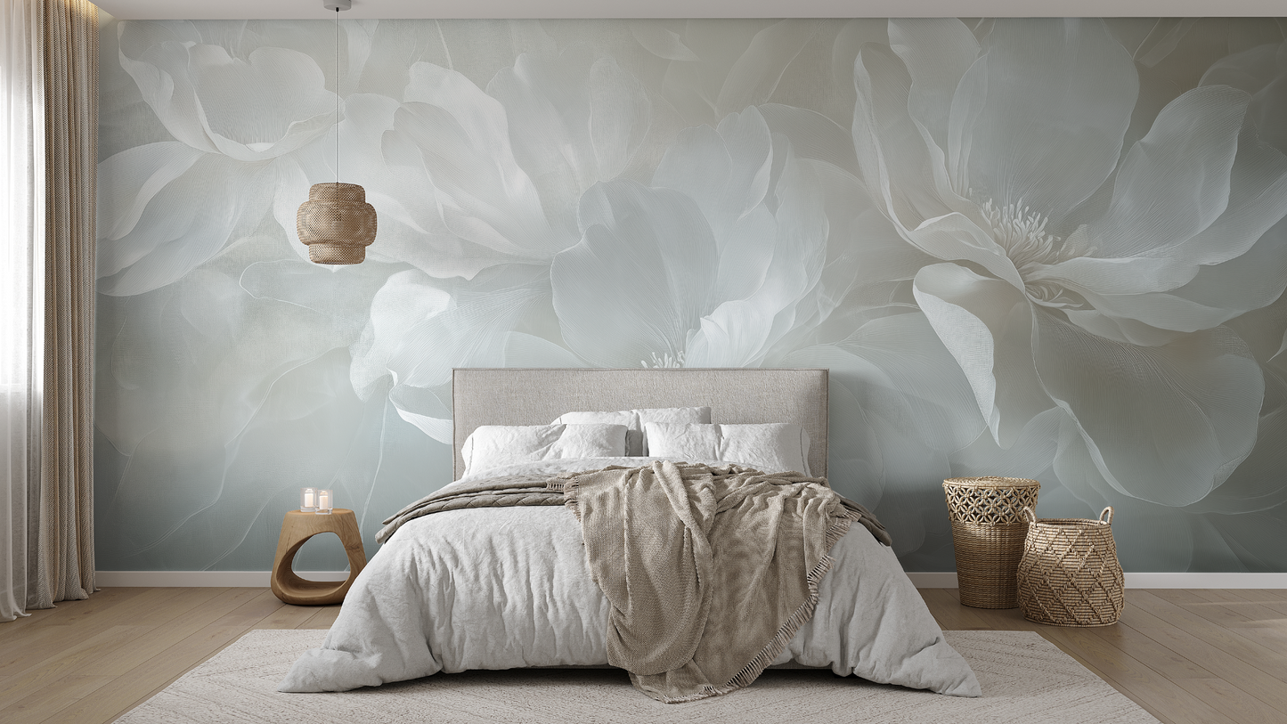Weiße florale Tapete im Schlafzimmer – große Blüten auf Leinenstruktur