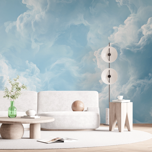 Selbstklebende Tapete mit gemalten weißen Wolken auf hellblauem Hintergrund – Design „Wolkenmeer“ für ruhige Wohnbereiche