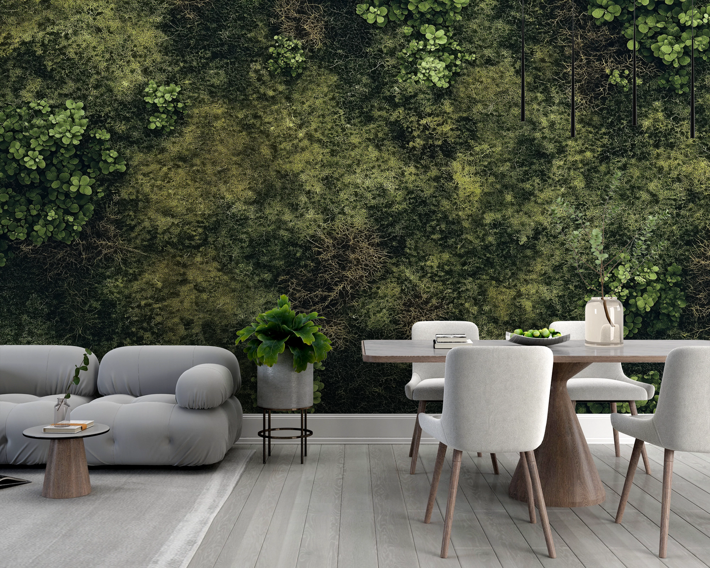 Selbstklebende Tapete mit abstrakter Waldstruktur in Moosgrün, Oliv und Braun – Design Moosgeflecht für natürliche Raumwirkung