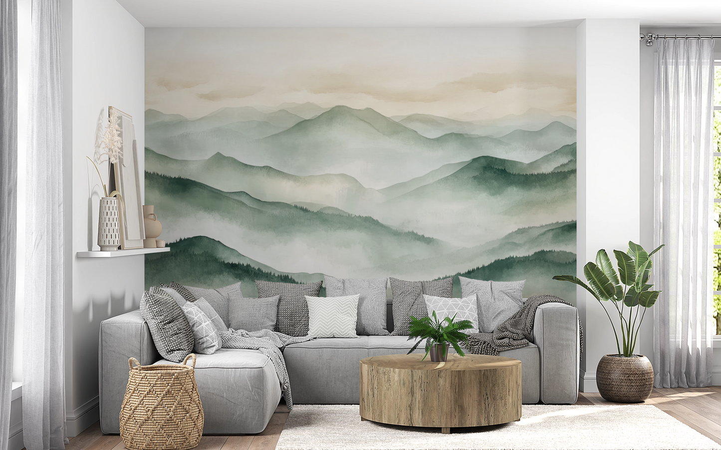 Selbstklebende Tapete „Fernes Grün“ mit Aquarell-Hügeln in Grüntönen – ruhige Vliestapete für Natur-inspirierte Raumkonzepte