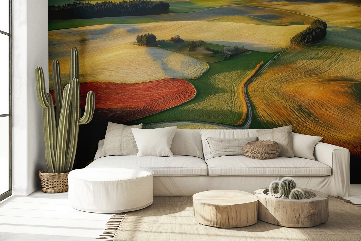 Selbstklebende Digitaltapete „Felderflüstern“ mit abstrakter Landschaft in Gold, Grün und Rot – modernes Naturdesign für kreative Wohnräume