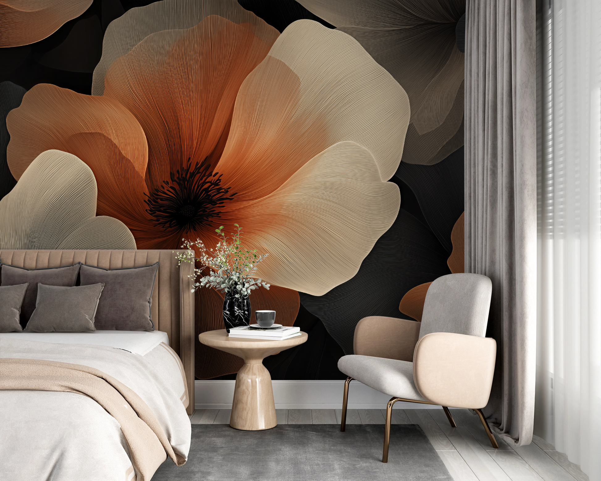 Florale Vliestapete „Amber Whisper“ in Bernsteintönen mit feinen Linien und eleganter Struktur für stilvolle Raumgestaltung