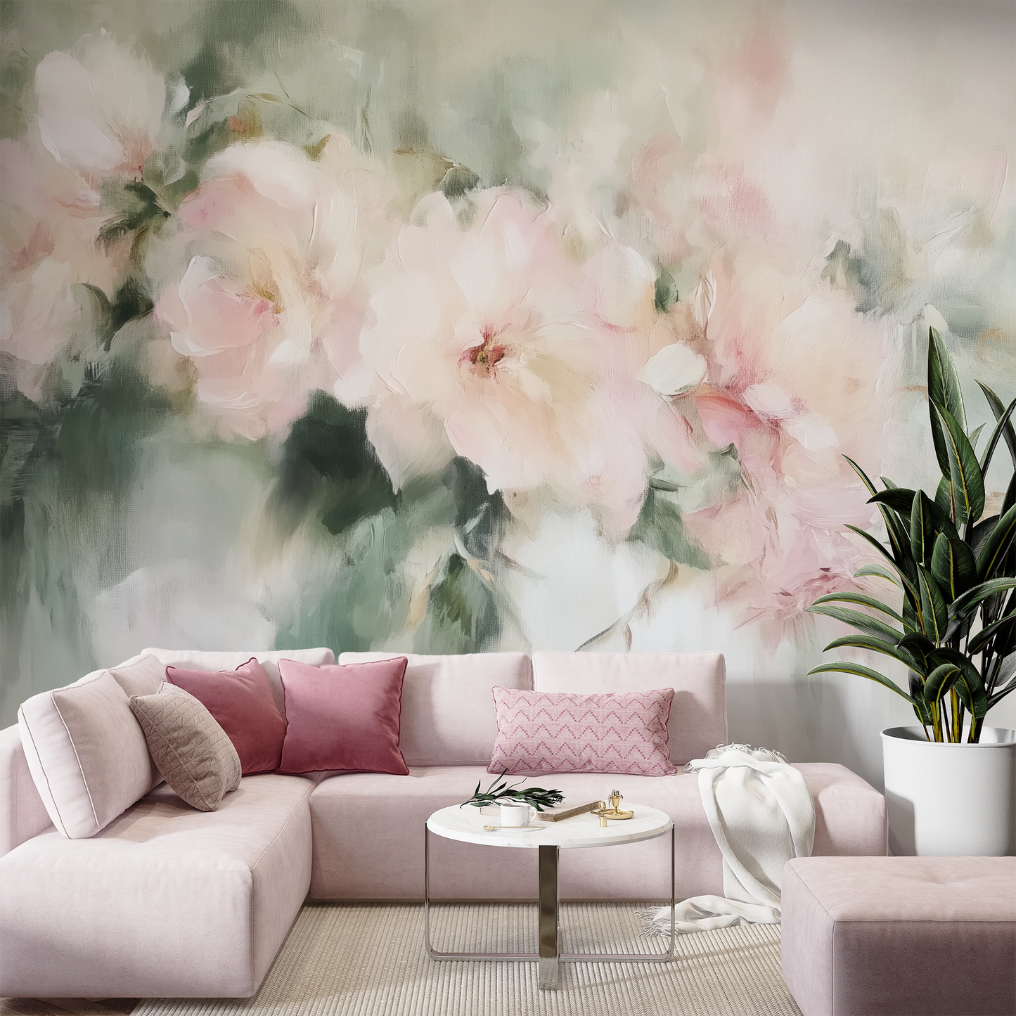 Selbstklebende Aquarell-Tapete mit floralen Rosé-Elementen auf Vlies – sanftes Design für feminine Räume.