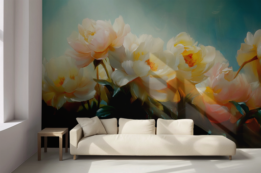 Selbstklebende Tapete mit Pfingstrosen in Weiß, Rosé und Gold auf Vlies – florales Kunstmotiv für stilvolle Raumgestaltung.