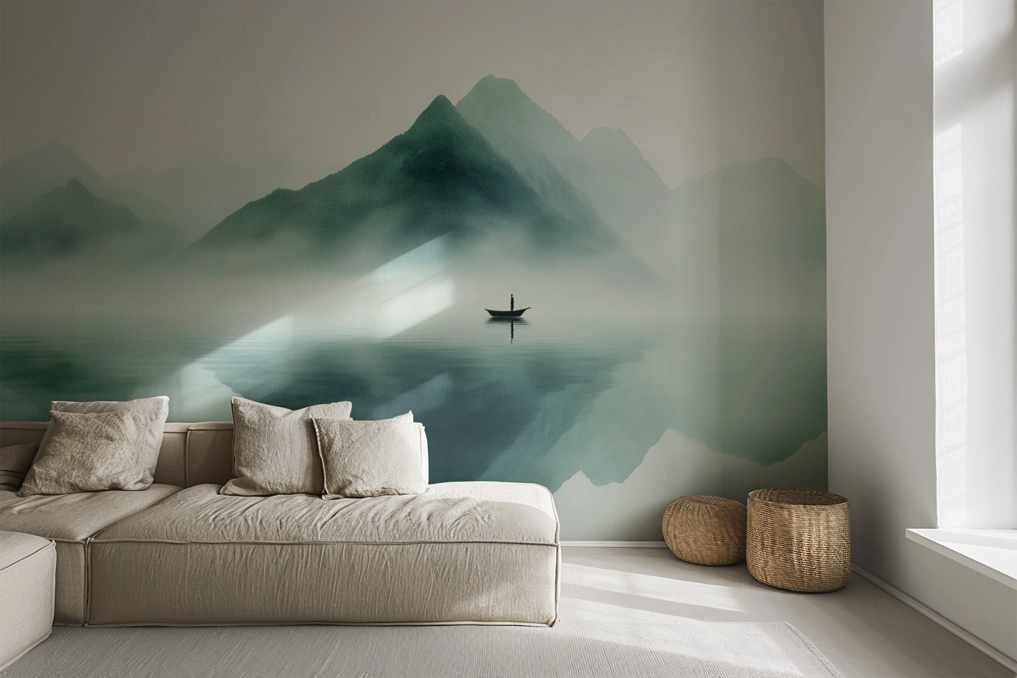 Lautlose Weite“ im Japandi-Stil mit Boot in nebeliger Landschaft – ruhige Wandgestaltung mit Naturmotiv und weichen Farbtönen.