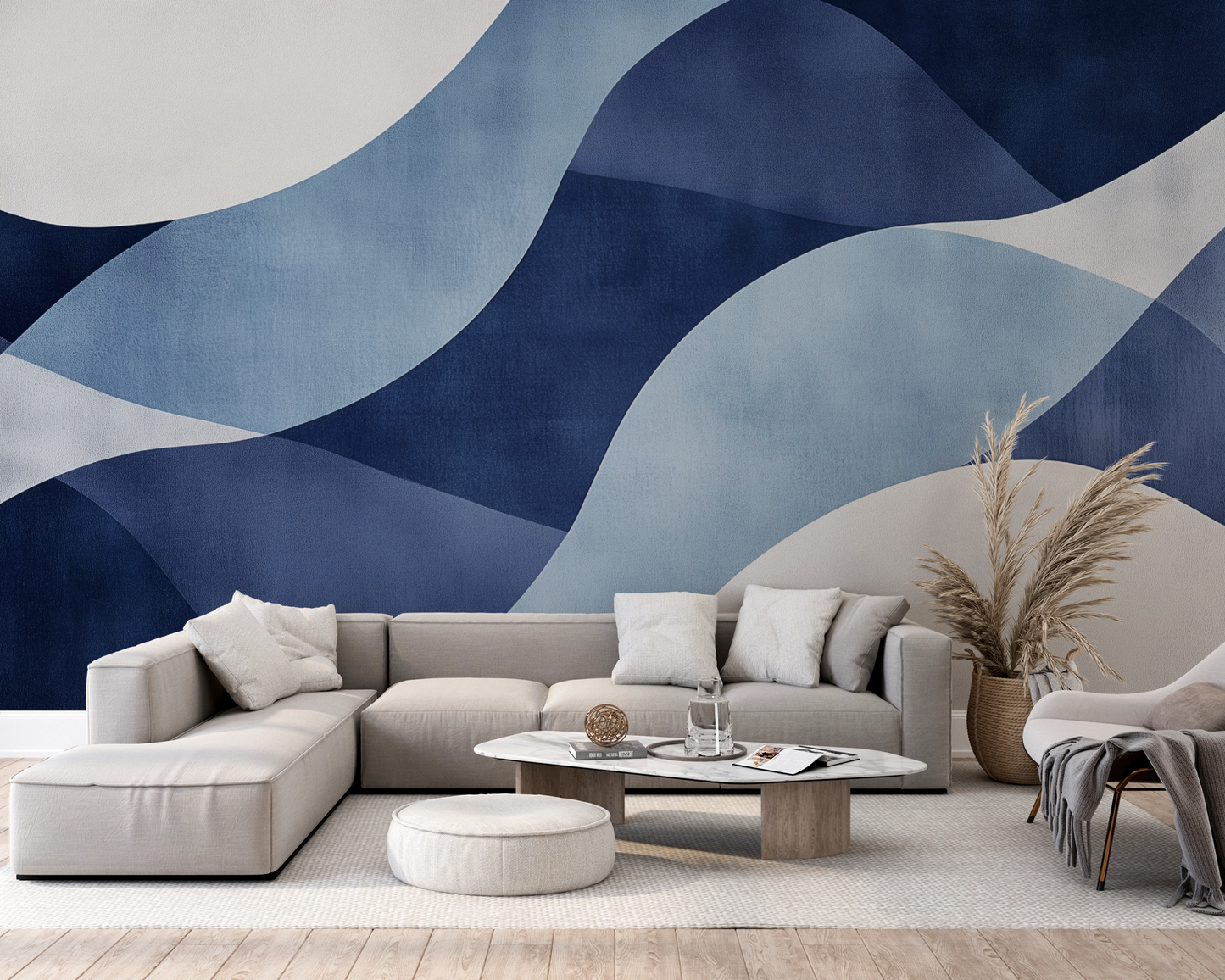 Selbstklebende Tapete Blue Motion mit geometrischem Wellenmuster in Blau