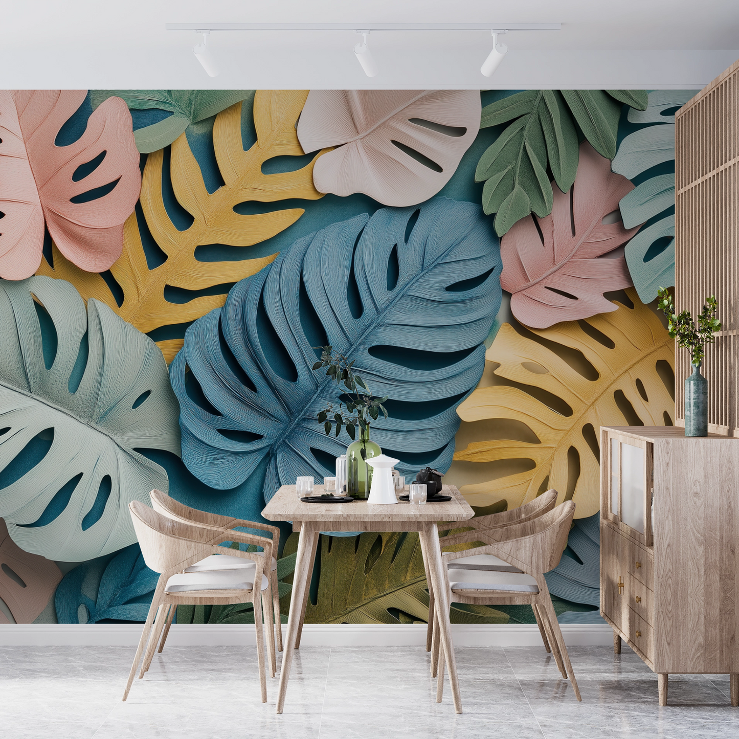 Color Tropic – Self-adhesive digital wallpaper with stylized monstera and palm leaves in sorbet colors