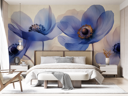 Blue Touch – Self-adhesive digital wallpaper with anemones in lavender blue