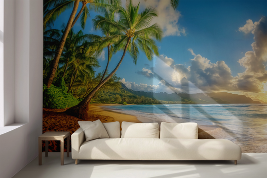 Golden Coast – Digital wall mural with tropical sea scene in sand and green tones