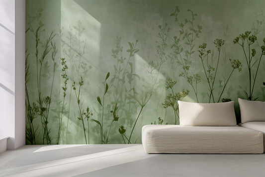 Meadow Dance – digital wallpaper with grasses and blossoms in a soft sage green aesthetic