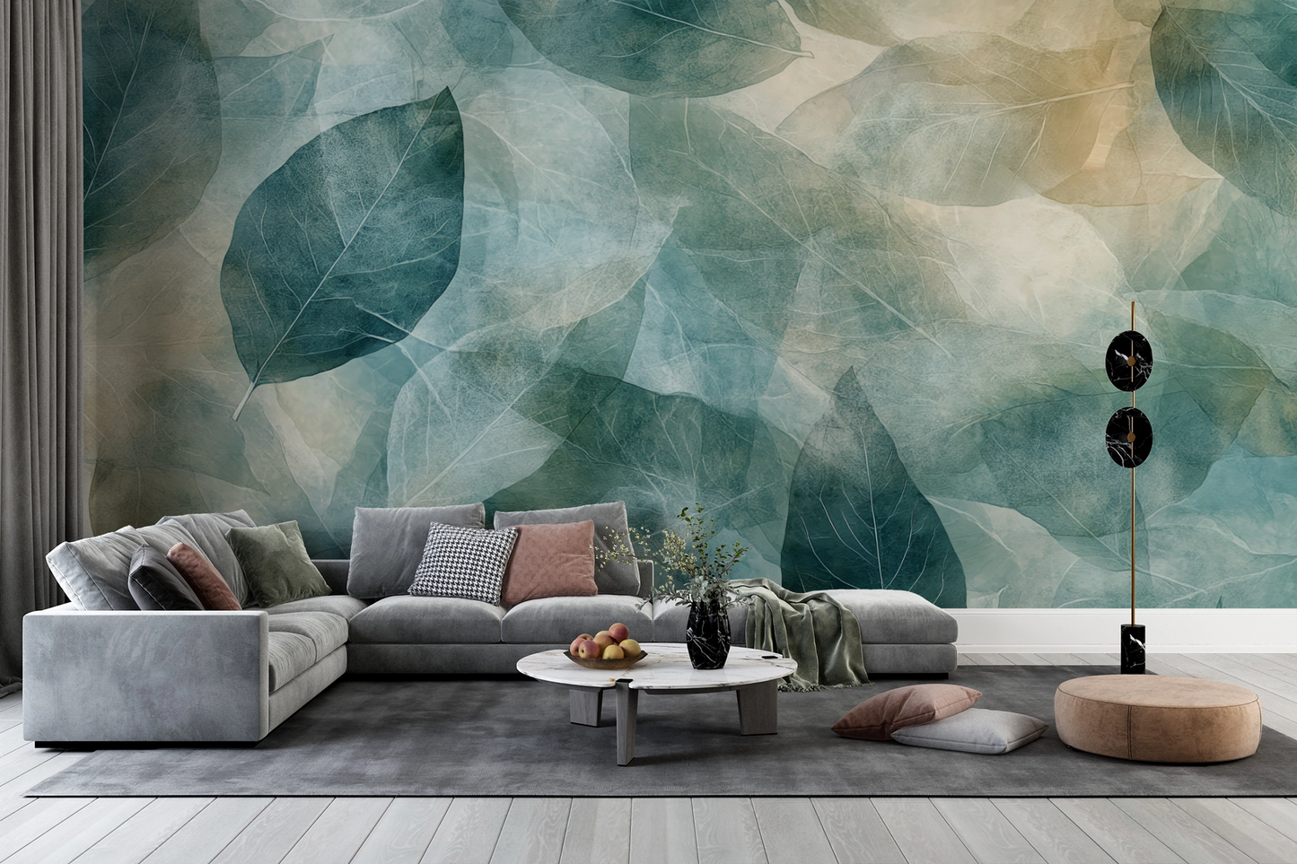 Schichten der Natur – Selbstklebende Tapete mit Blättermotiv in Blau und Sand