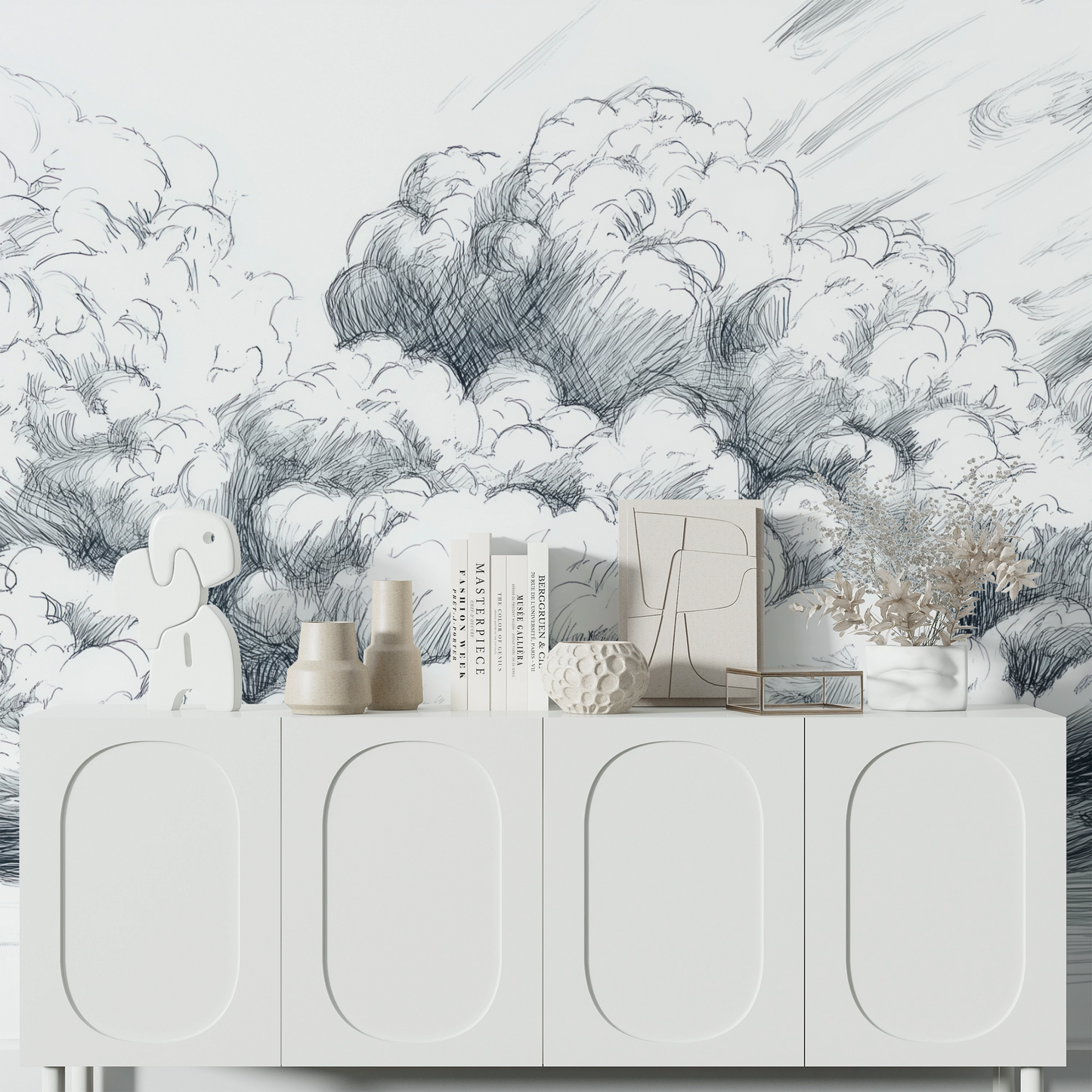 Cloud sketch – digital wallpaper with graphic line drawing